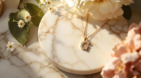 Initial necklace for mom — gold letter pendant on cream marble with white flowers
