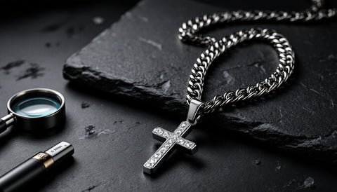 Men's silver-tone Cuban link chain necklace with a faceted cross pendant beside a jeweler's loupe and gemstone tester on dark slate