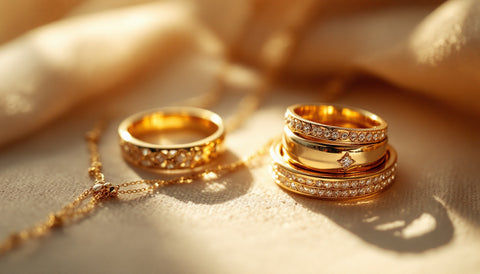 Close-up of gold-plated sterling silver rings and a necklace styled together on a neutral fabric surface
