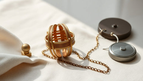 Brass and copper colored jewelry pieces beside a small round magnet on a neutral linen surface