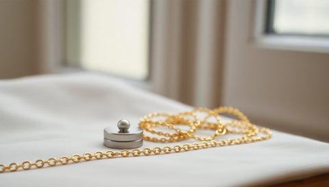 Soft light still life of a gold chain coiled beside a small round magnet on a neutral linen surface