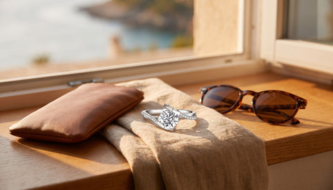Sterling silver cubic zirconia ring on folded linen beside a small leather pouch and sunglasses on a sunlit windowsill