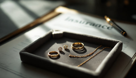 Editorial still life photograph of delicate gold-plated and sterling silver jewelry pieces — a ring
