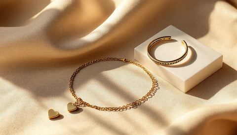 Dainty gold-tone necklace, hoop earrings, and bracelet laid out for a brand legitimacy review