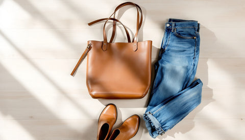 Flat lay of denim jeans, a leather tote bag, and leather ankle boots on a wooden surface