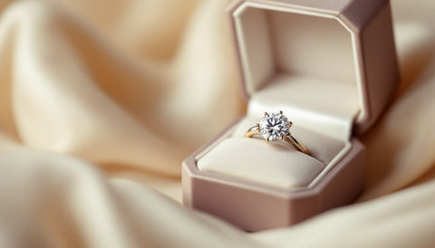 Close-up of a diamond solitaire engagement ring in an open velvet ring box, evaluating a jewelry brand's legitimacy