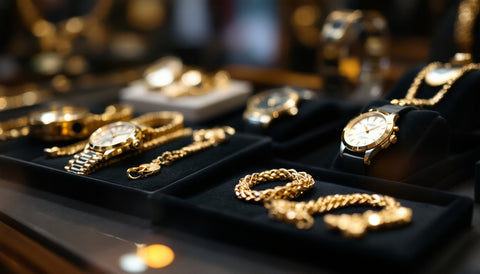 Close-up inside a New York Diamond District jewelry storefront display case with luxury watches and gold jewelry on dark velvet trays