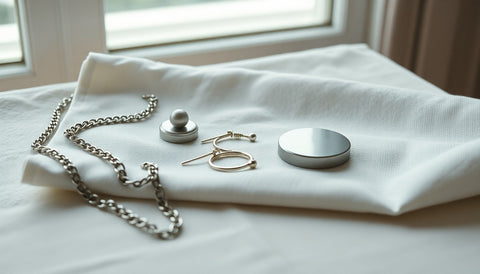 Flat lay of polished steel chain and small hoop earrings on a pale linen cloth with soft window light