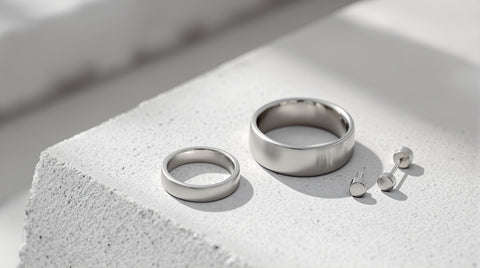 Close-up of matte silver-tone titanium-style jewelry pieces arranged on a clean surface