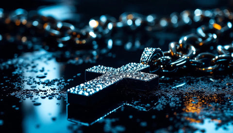 Iced-out Cuban link chain and cross pendant on a dark reflective surface for a VVS jewelry legitimacy review