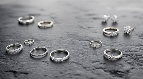 Assorted bright white-metal rings and earrings representing white gold and rhodium-plated jewelry