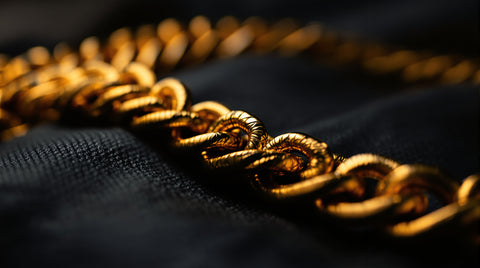 Thick chunky gold chain necklace coiled on dark fabric, Jaxxon-style alternative chain