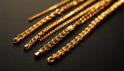Several gold chain necklaces in different link styles laid out on a dark fabric background