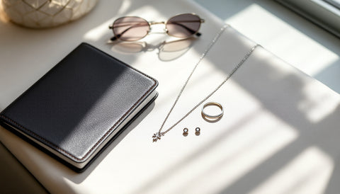 Small delicate sterling silver huggie earrings, a thin necklace, and a slim ring arranged beside a plain passport cover and sunglasses