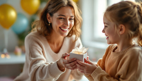 Woman handing a wrapped gift box with a delicate gold heart necklace to a young goddaughter at a birthday celebration