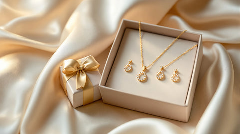 Elegant gold jewelry gift set for a mother-in-law with pendant necklace, earrings, and gift box