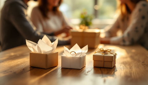 Three wrapped jewelry gift boxes of different sizes with delicate necklaces and a ring, playful gift-giving moment for a niece of any age