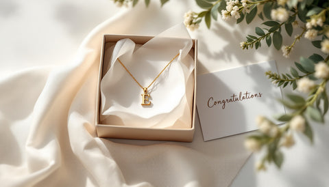 Gold initial pendant necklace gift box styled as a new job gift