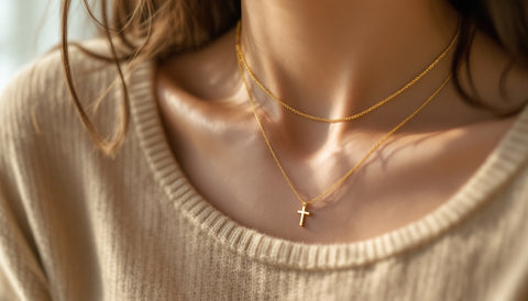 Small gold cross pendant necklace layered with thin gold chains