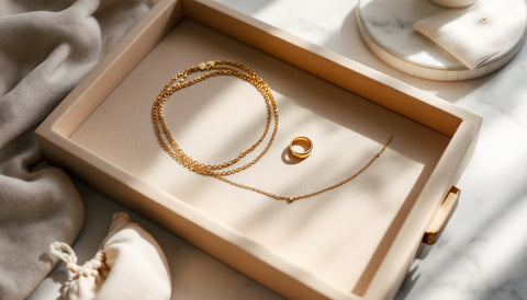 Open lined jewelry tray with a layered necklace laid flat, a stacking ring set in its own compartment, and an anti-tarnish pouch, jewelry storage flat lay