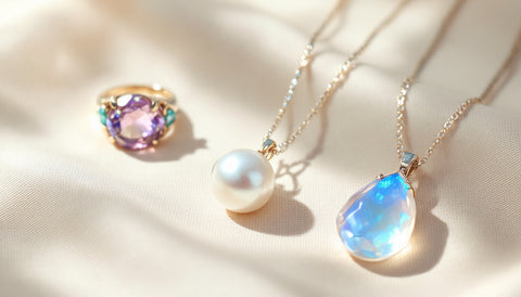 Pearl, alexandrite, and moonstone jewelry representing the three June birthstones