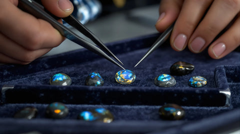Jeweler examining a labradorite gemstone with a loupe alongside cabochons of varying flash quality