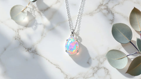 Libra birthstone opal pendant necklace sterling silver on marble background