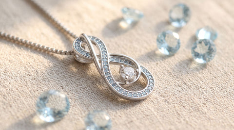 Pale blue aquamarine-toned pendant necklace surrounded by loose light blue gemstones