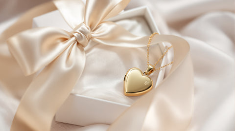 Gold heart locket necklace in gift box with ribbon — locket necklace gift guide for mom