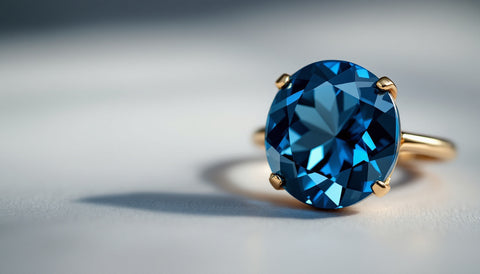 A deep blue London blue topaz ring on a neutral surface