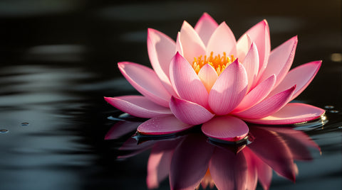 Pink lotus flower blooming over dark water representing purity and enlightenment
