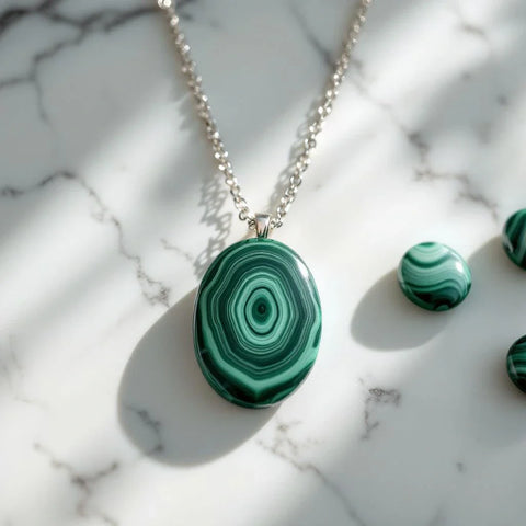 Malachite pendant necklace showing deep green concentric banding on white marble — malachite meaning guide