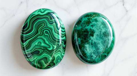 Malachite vs jade comparison — two green gemstones side by side on white marble