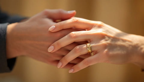 Close-up of hands wearing gold-toned wedding rings