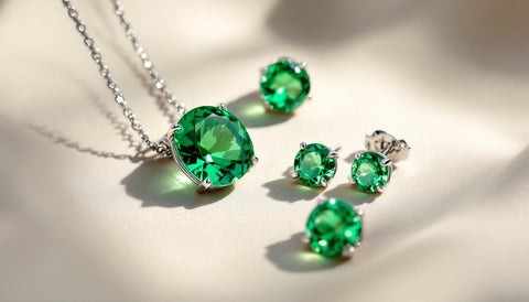 Emerald-green birthstone necklace and earrings representing the May birthstone, set in sterling silver