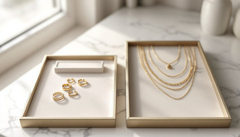 Two styled trays of gold vermeil jewelry side by side representing a brand comparison