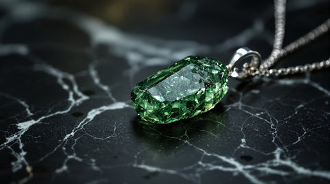 Raw green moldavite crystal pendant on dark marble surface showing natural tektite texture for jewelry photography