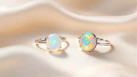 Moonstone and opal rings side by side showing adularescence and play-of-color