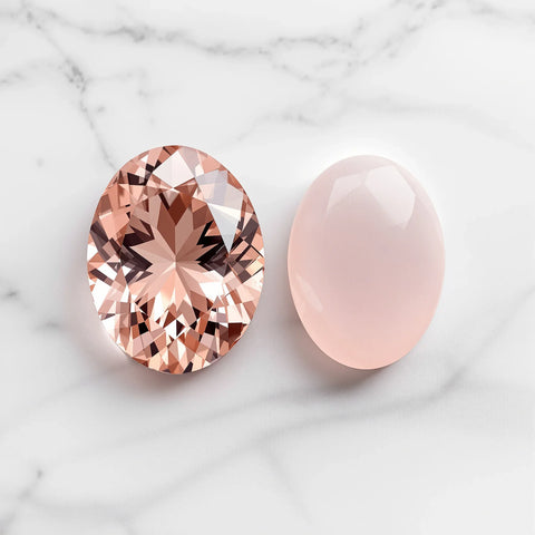 Morganite vs rose quartz side by side — two pink gemstones on white marble