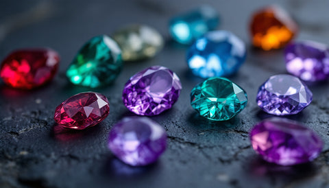 Close-up of rare, colorful uncut gemstones including red, blue-green, and purple crystals arranged on a dark stone surface
