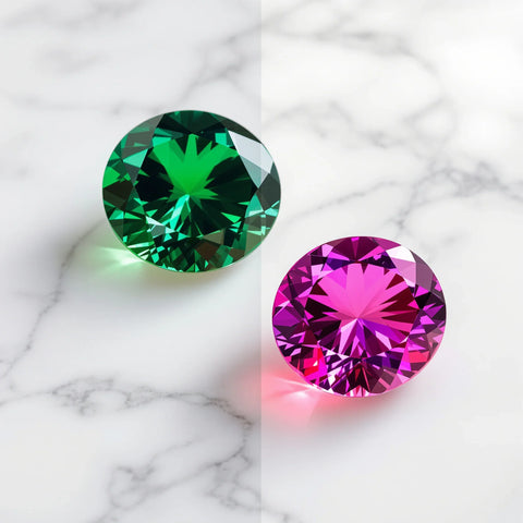 Natural vs lab-created alexandrite color change comparison — green to red shift