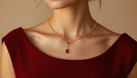 Long garnet teardrop pendant necklace worn below a boat neck dress collarbone line