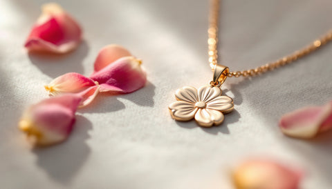Delicate gold-toned flower-pendant necklace laid flat beside loose flower petals