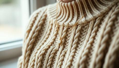 A fine gold chain necklace with a small pendant on a chunky cream cable knit sweater