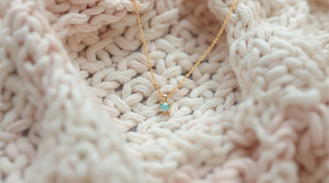 Delicate gold birthstone pendant necklace resting on a soft pastel baby blanket, new mom jewelry gift styling