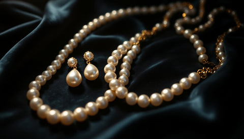 Flat lay of old Hollywood glamour jewelry with bold drop pearl earrings, a pearl strand, and a glamorous gold choker on dark velvet fabric