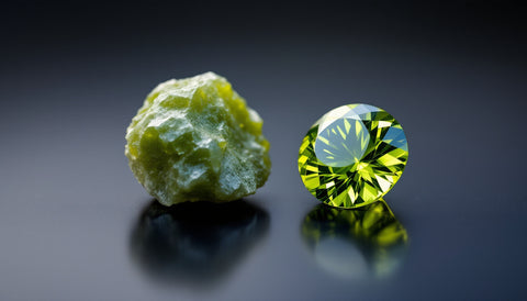 Raw olivine mineral crystal next to a faceted peridot gemstone