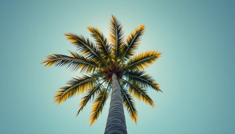 Majestic tropical palm tree photographed from below against golden sunrise sky