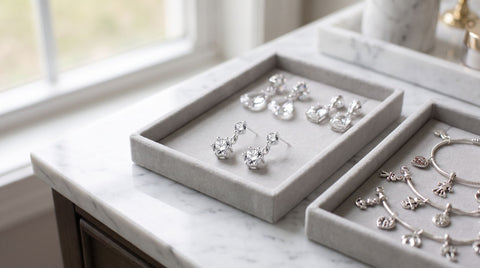 Silver charm bracelets and sparkling crystal jewelry displayed together on a marble surface
