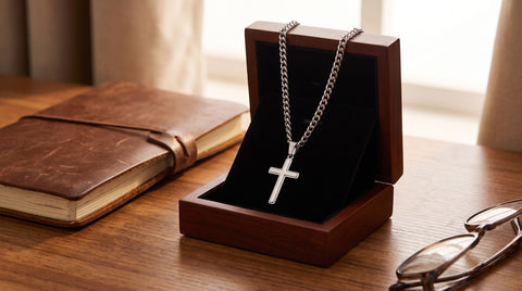 Silver cuban link cross necklace in an open gift box on a wooden desk with a notebook, styled for pastor appreciation gifting